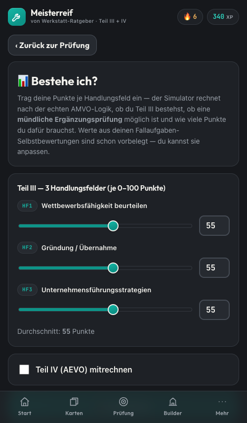 Bestehens-Simulator mit Punkte-Reglern je Handlungsfeld