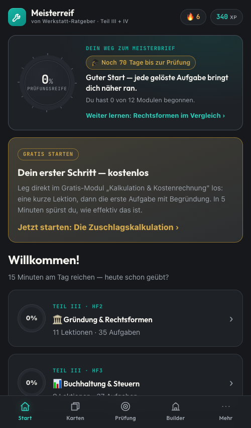 Dashboard mit Prüfungsreife-Anzeige und Countdown