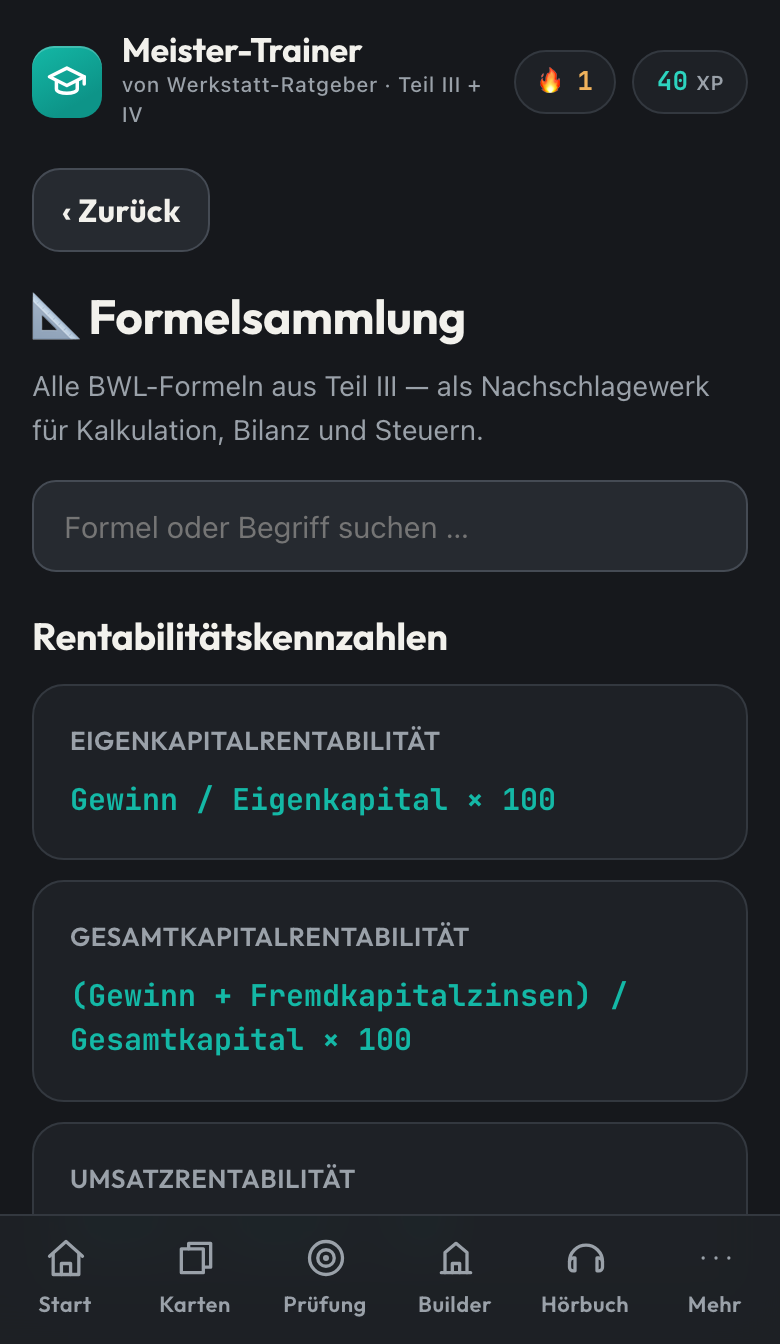 Formelsammlung mit allen Prüfungsformeln für den Rechenteil