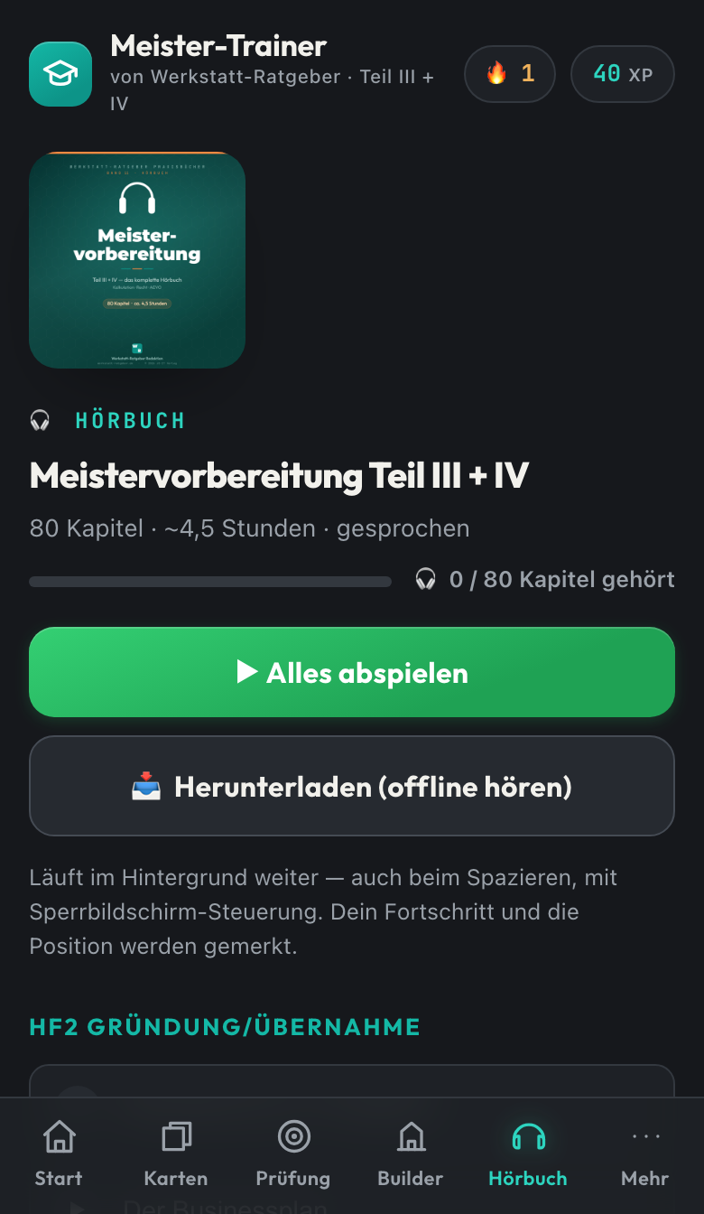 Hörbuch mit 80 Kapiteln, Fortschritt und Offline-Download