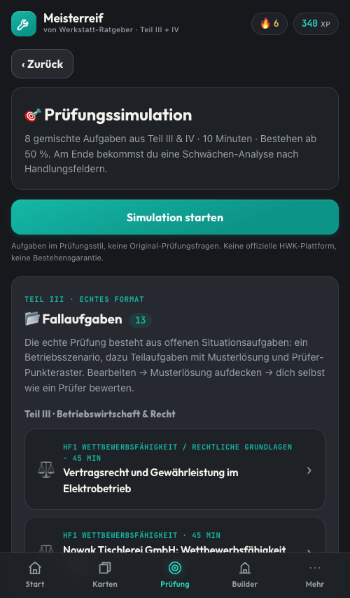 Prüfungssimulation und Liste der Fallaufgaben